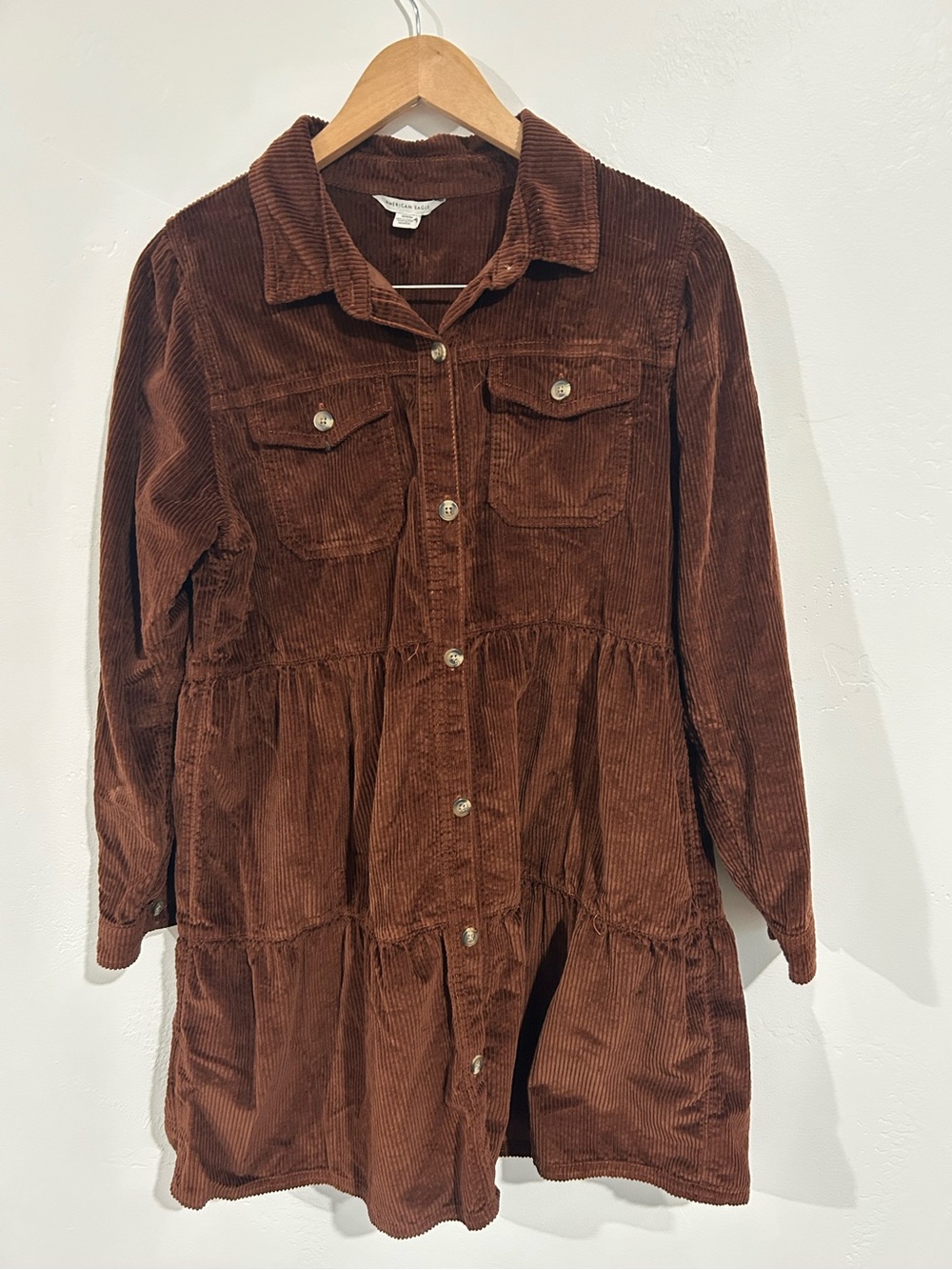 American Eagle Brown Corduroy Tiered Button-Down Shirt Dress - Size Medium